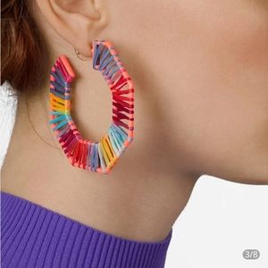 Rainbow Neon Raffia Wrapped Octagon Hoop Earrings